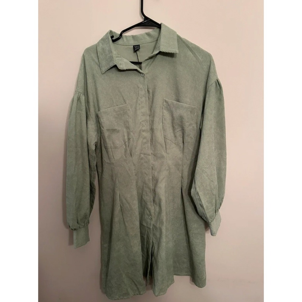 Green Lantern Sleeve Corduroy Button Up Dress